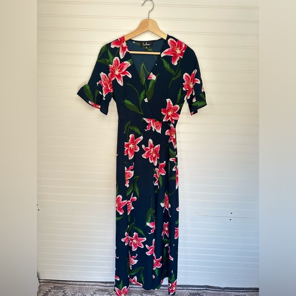 Lulus Stargazer Lily Navy Blue Floral Print Maxi Wrap Dress - Picture 6 of 8